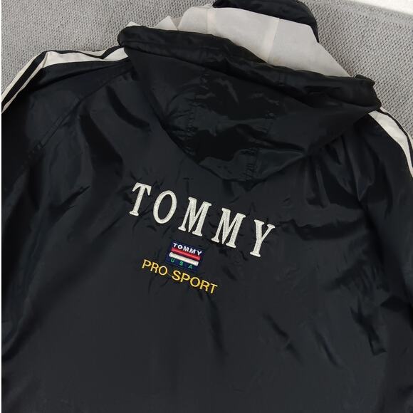 Tommy Hilfiger Vintage Windbreaker Mens XL Black Striped Pro Sport Embroidered - Picture 1 of 11